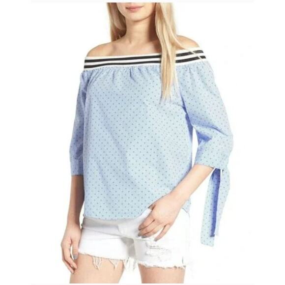 BLANKNYC $58 Stars & Stripes Off-The-Shoulder Top Tie Sleeves Blue Medium - Picture 1 of 5